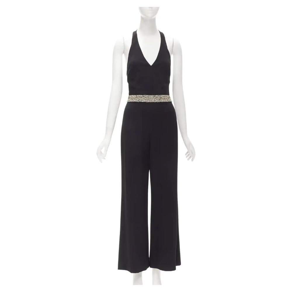 Alice & Olivia Dillyn Silver Crystal Beaded Halter Backless Jumpsuit
